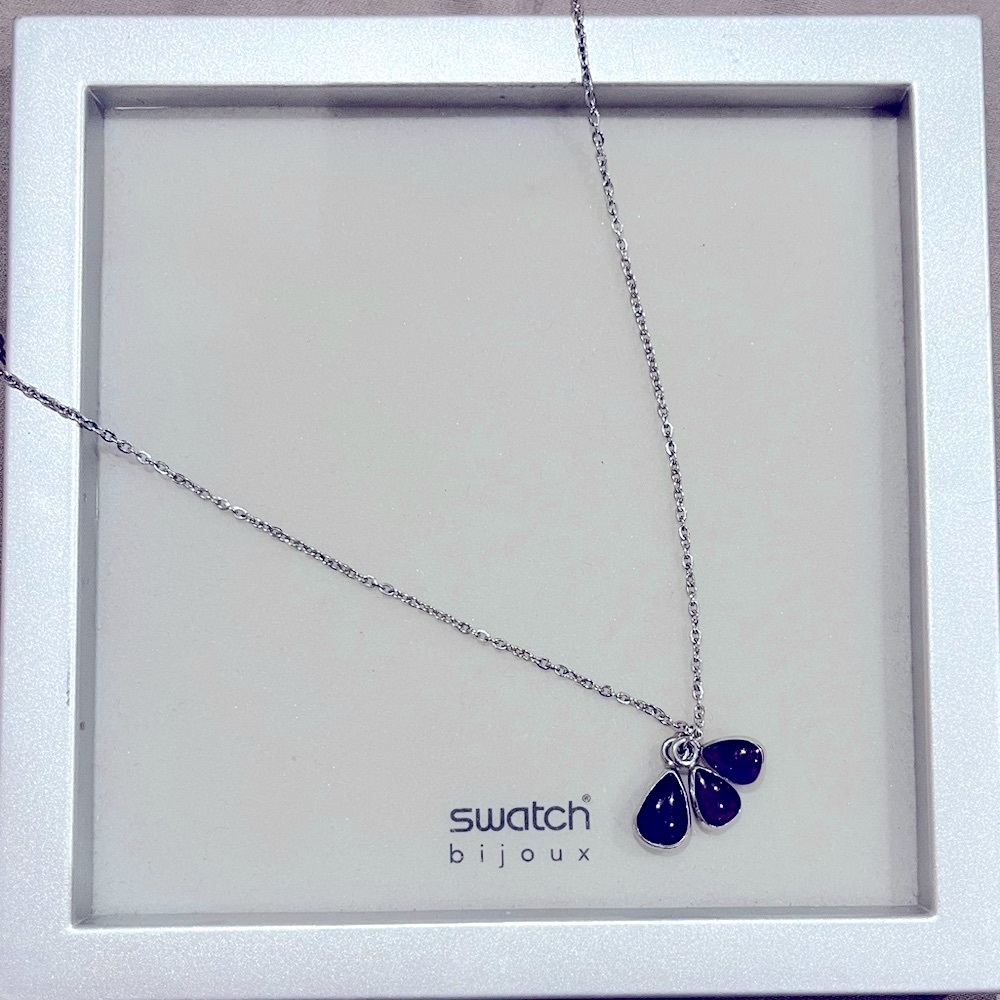 Swatch Bijoux Silver Necklace Purple Gem Pendant Chain Jewelry Stainless Steel